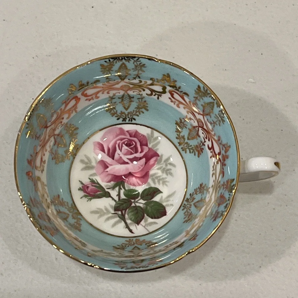 Vtg Royal Grafton Tea Cup & Saucer Teal Turquoise Gold pink Rose Bone China MINT